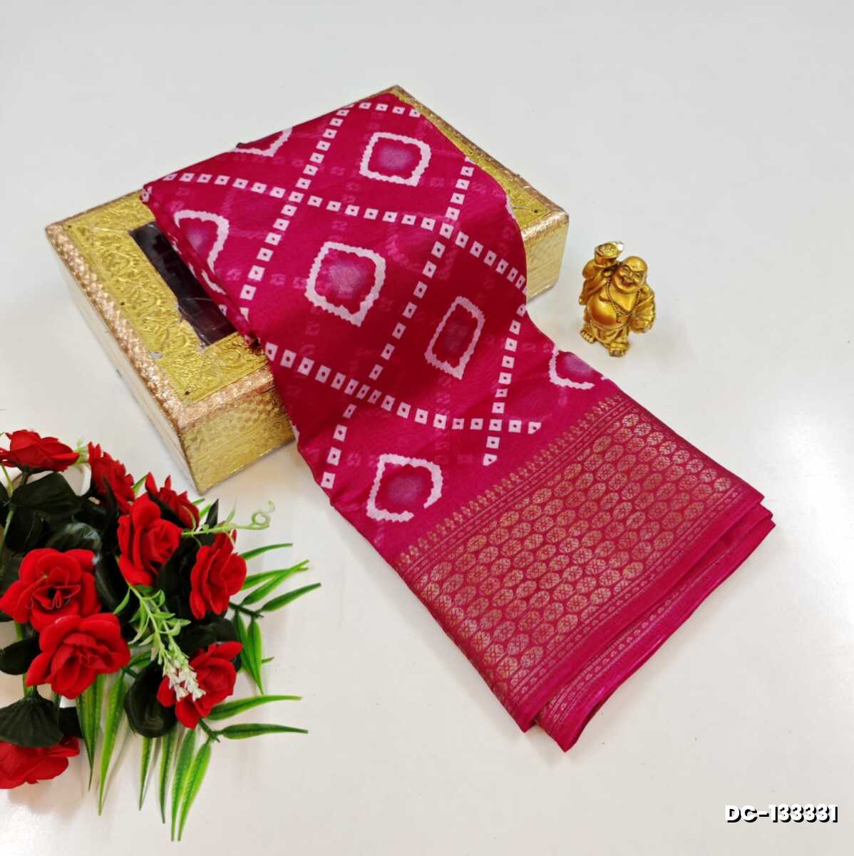 Ruby Pink Contrast Print Soft Cotton Saree with Silver & Copper Zari Border
